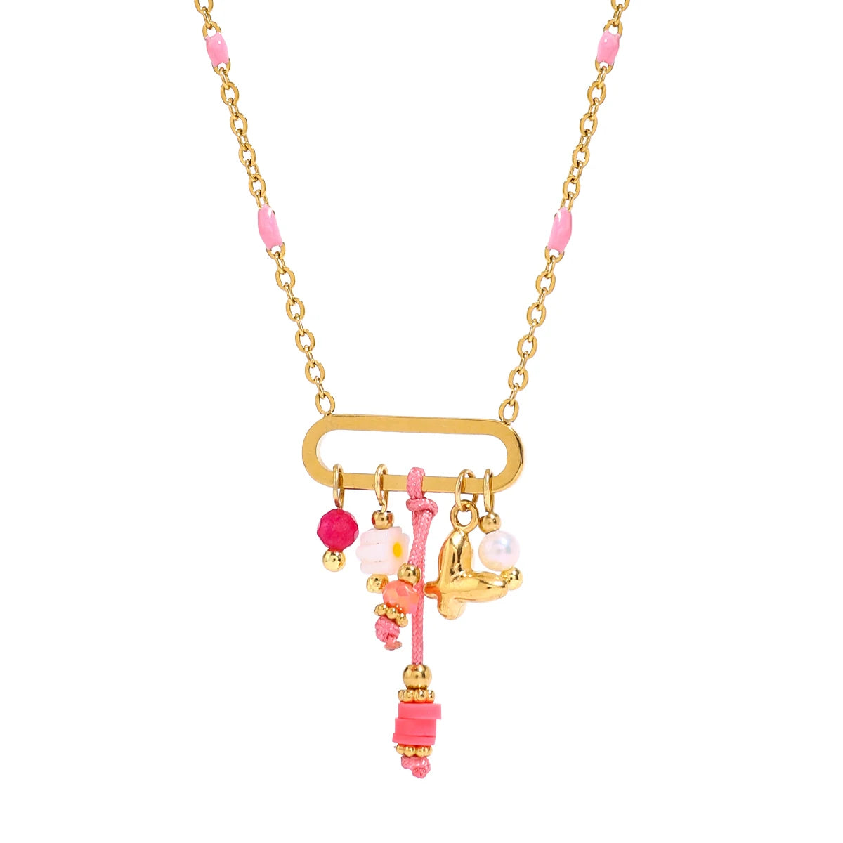 J&D 18k Gold Plated Stainless Steel Oil Drop Colored Crystal Pendant Clip Bead Pearl Necklace