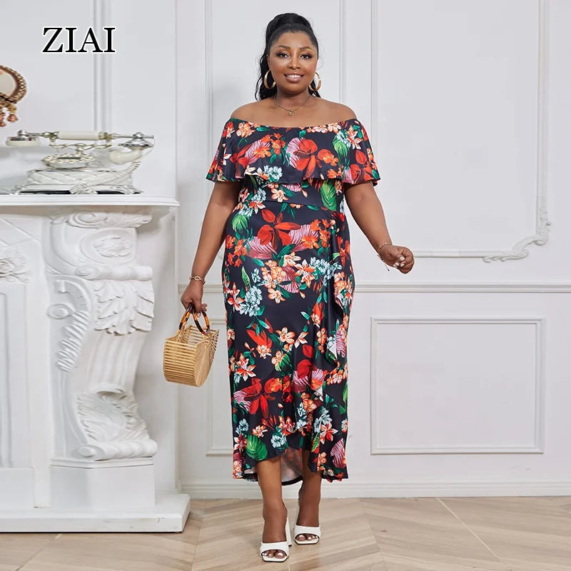 Wholesale Women's Dress Fashion Temperament Printed Ruffle Skirt One Shoulder Plus Size Dress