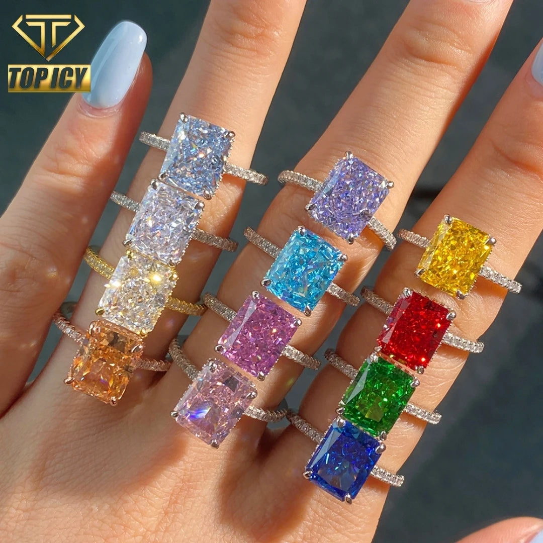 2025 Trendy S925 Silver Super Sparkle Square 5A Ice Flower Cut Colored Zircon Simulated Diamond Ring Women Fashion Jewelry