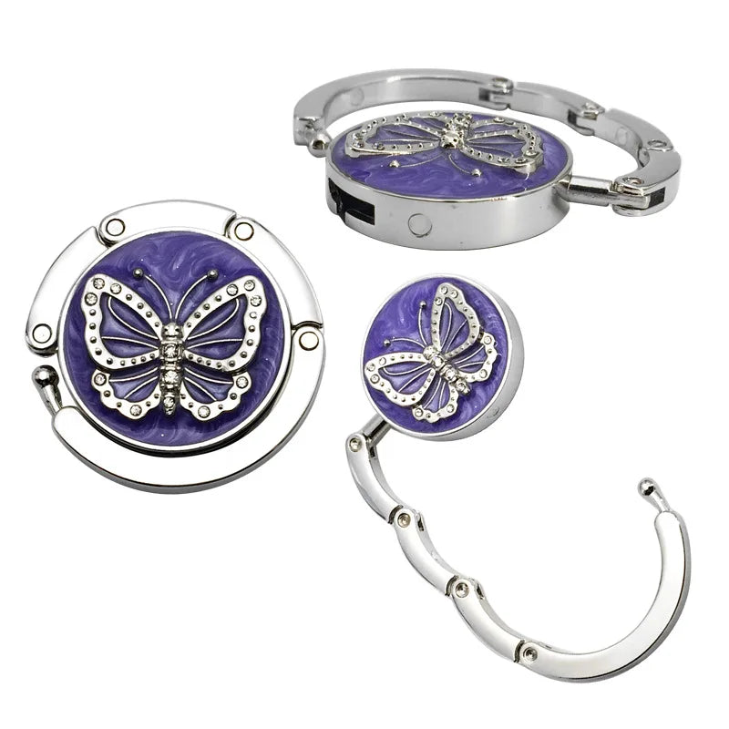 Round Metal Hanger Hook Holder Unique Folding Portable Butterfly Pattern Fashion Table Hook Crystal Alloy Purse Handbag