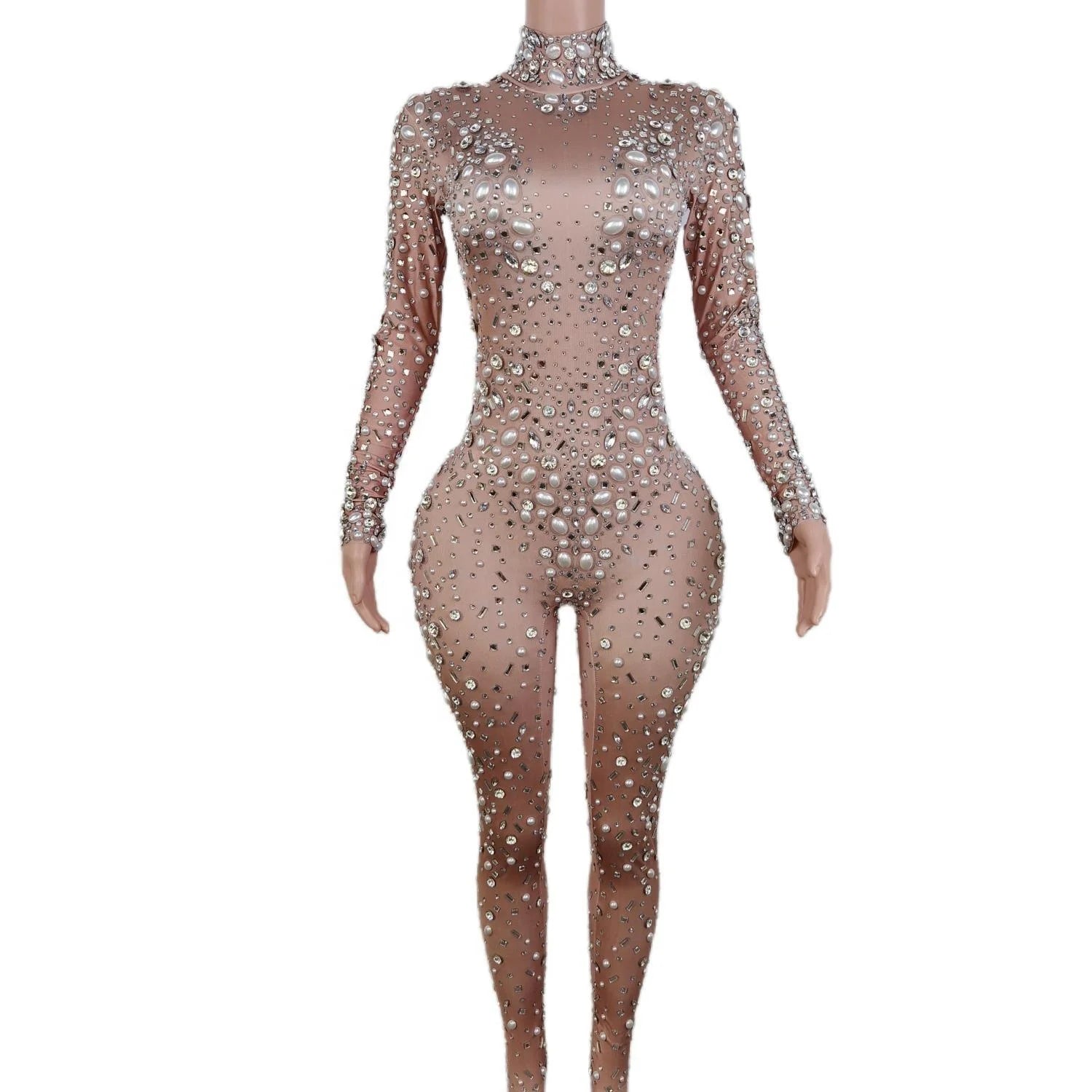 2026 Long Sleeve Pearls Rhinestone Spandex Bodysuits Bodycon Romper Women Night Club DJ Dance One Piece Jumpsuit Festival Outfit