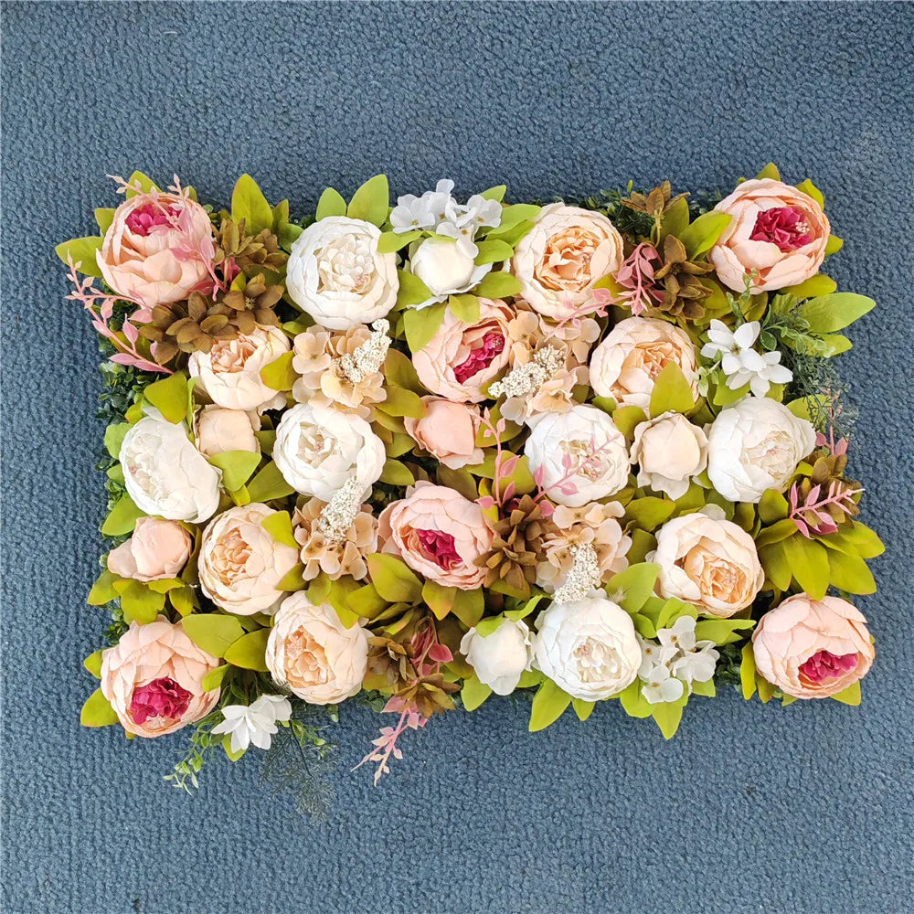 F211 40*60cm Wholesale Plastic Flower Mat Wedding Backdrop Decoration Silk Peony Rose Artificial Flower Wall Panel for Decor
