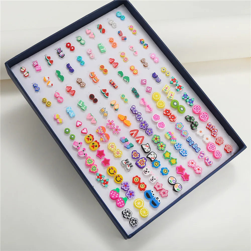 Fashion Flower Star Bow Zirconia Earrings Set Creative Student Cute Earrings Fruit Animal Resin Earrings for Girl