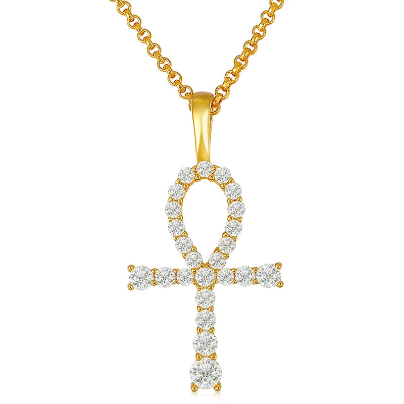 Dropshipping Fashion Sparkling Jewelry 925 Sterling Silver VVS Moissanite Diamond Ankh Cross Pendant Necklace for Men Women MegaBDM