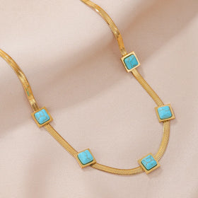 New Style Blue Wholesale Turquoise Flat Snake Chain Necklace Stainless Steel Gold Necklace Stone Pendant Chain Necklace