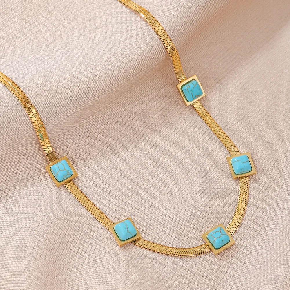 New Style Blue Wholesale Turquoise Flat Snake Chain Necklace Stainless Steel Gold Necklace Stone Pendant Chain Necklace