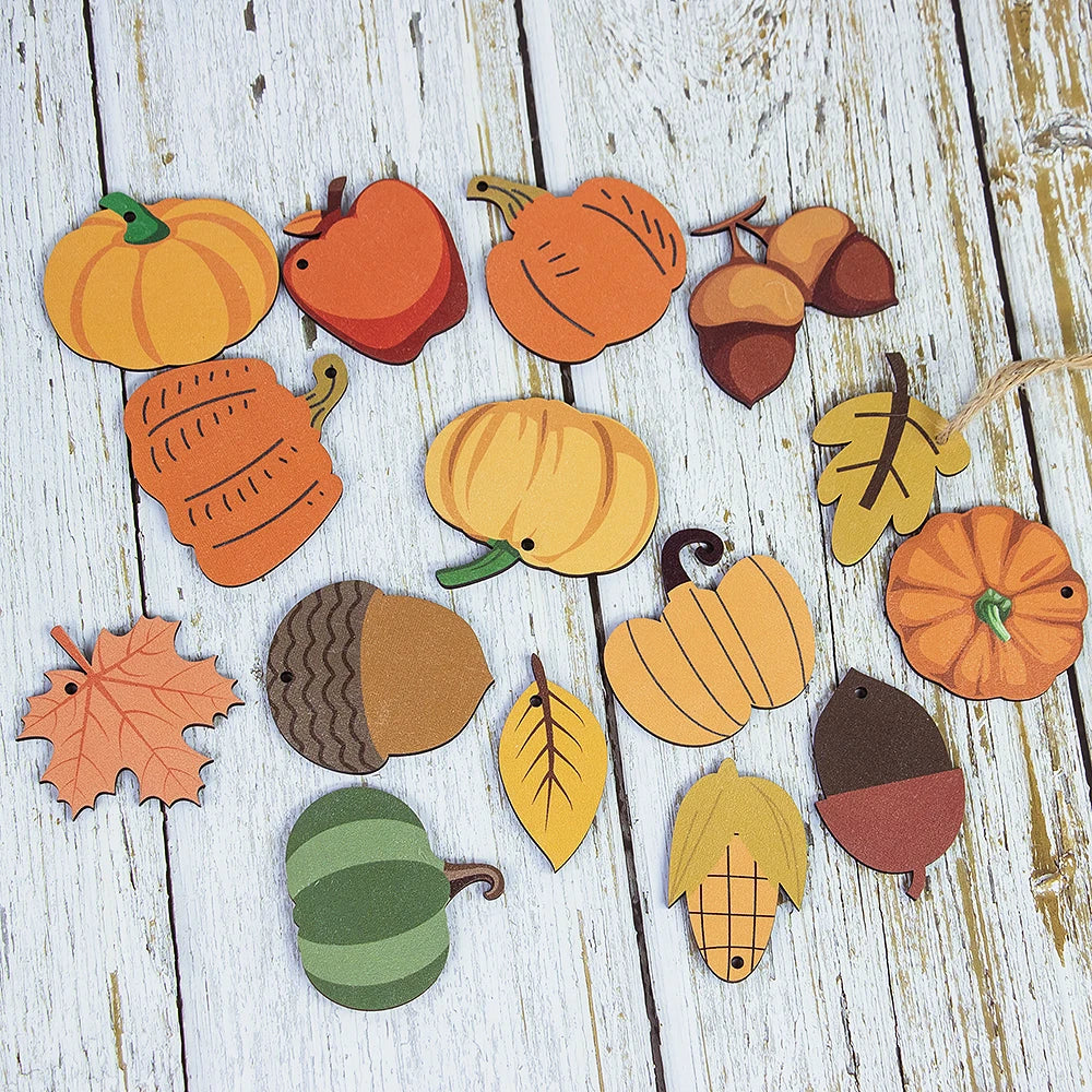 15 Pieces Thanksgiving Pumpkin Wood Ornaments Fall Hanging Ornaments Wood Pumpkins Maple Leaves