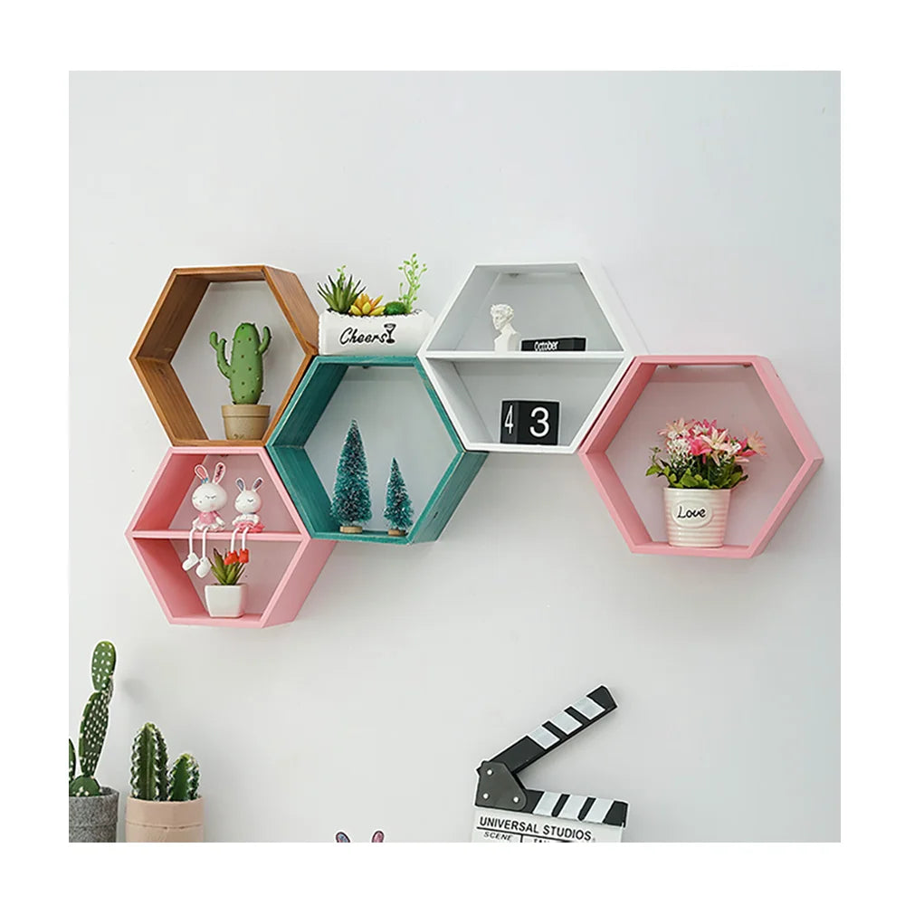 Home Decoration Hexagonal Wooden Shelf Living Room Wall Hanging Bedroom Multi-layer Bookshelf Free Punching