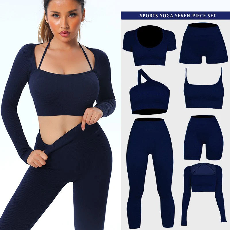 FLW New Arrival 7-Piece Woman's Sportswear Gym Set Seamless Yoga Conjuntos with Solid Pattern Yoga Wear