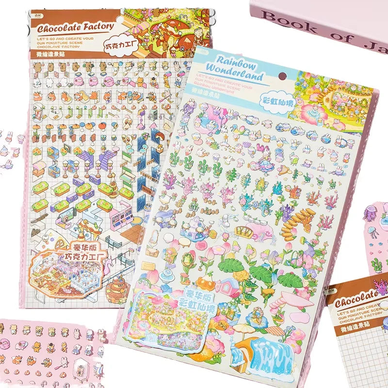PET 3pcs Pack Miniature Landscape Stereoscopic 3D Decorative Stickers Fun World 4.0 Visual Handbook Collage for Kids