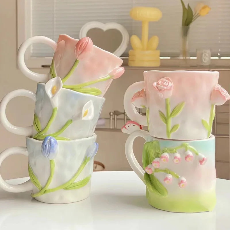 Ins Hand-painted Tulip Rose Mug Three-dimensional Embossed Flower High-value Water Cup