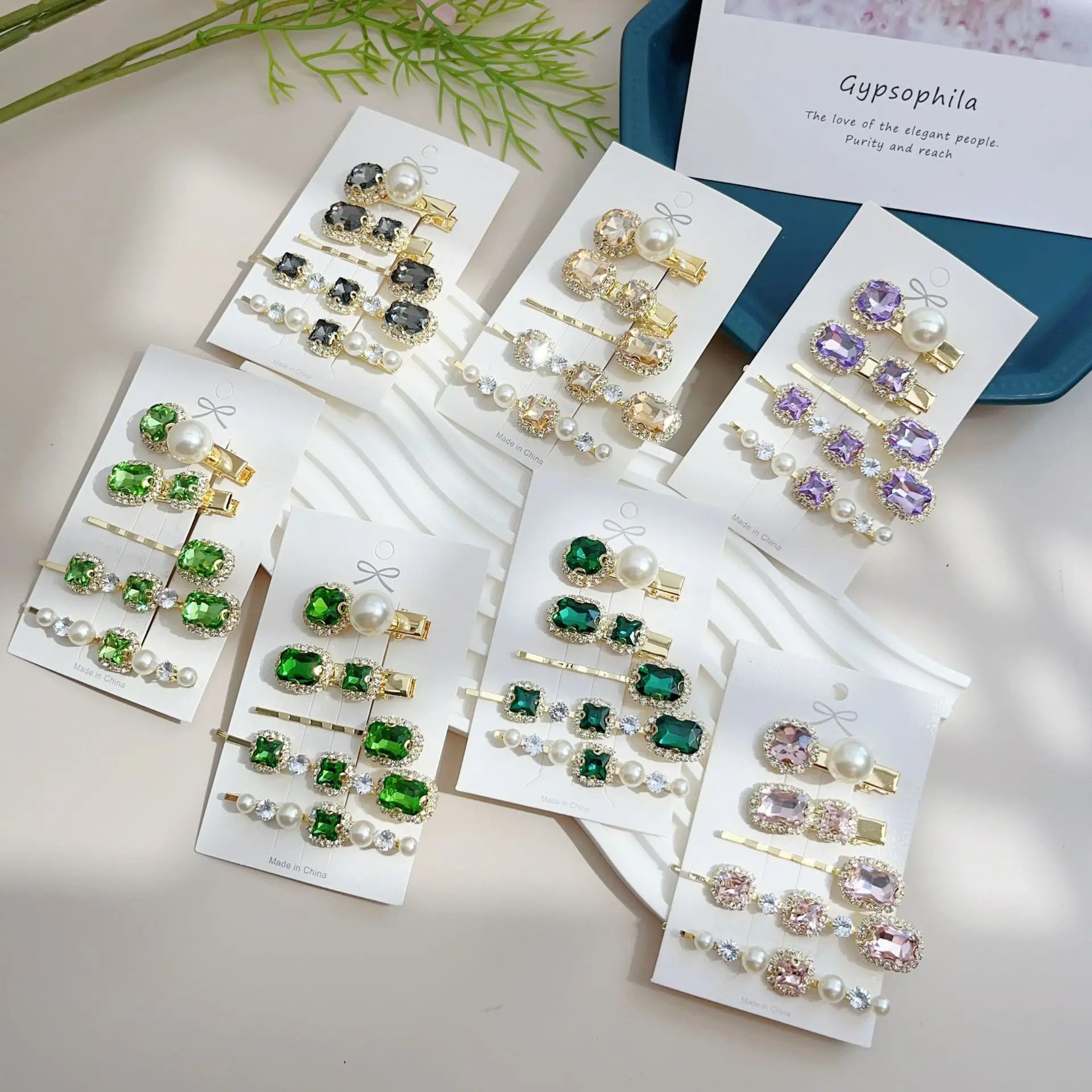 New Arrival Temperament Rhinestone Hairpin Set Alloy 5Pcs Dark Green Set HairClip for Girl