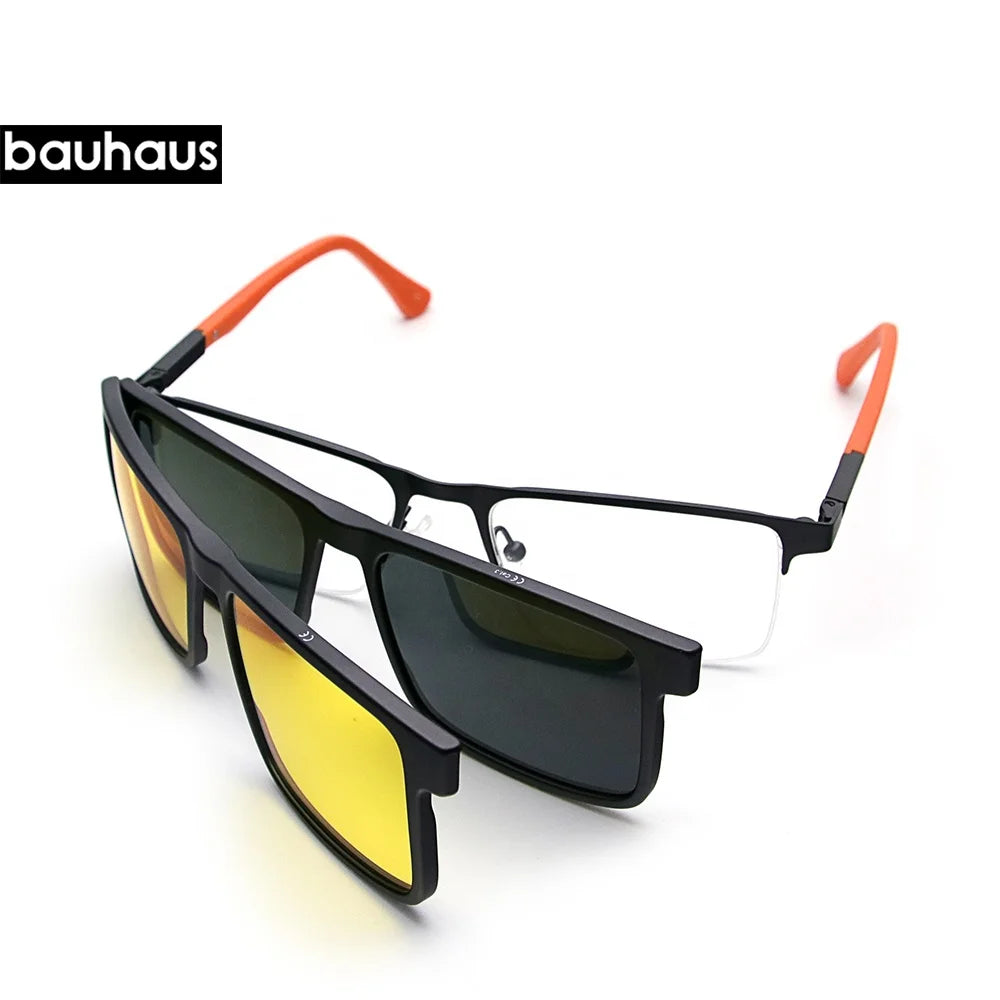 X205 Bauhaus Ready Half Rim Acetate Temple 2 in 1 Night Vision Clip on Magnetic Sunglasses