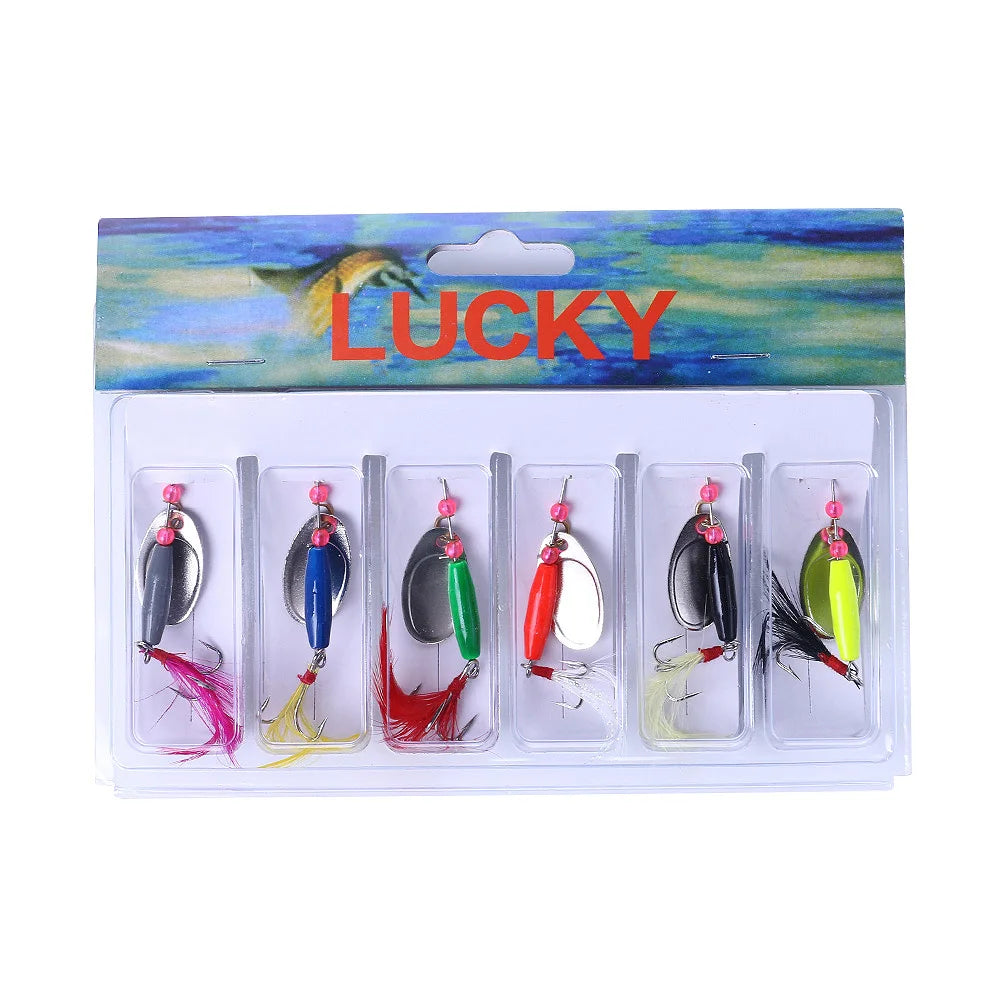 Wholesale SP008 Combo 8cm 7.8g 6pcs/box Metal Spinner Baits Kit Spoon Fishing Lures Set with Feather Hook