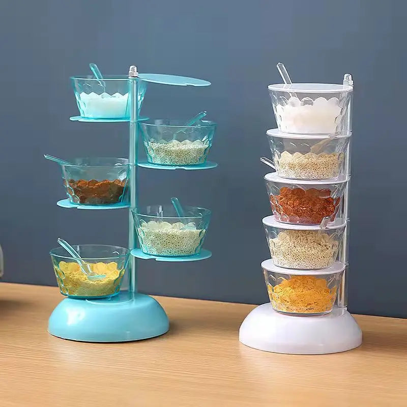 Home Kitchen Seasoning Jar with Spoon 5-Layer Rotating Plastic Condiment Storage Jar 8.5x26cm