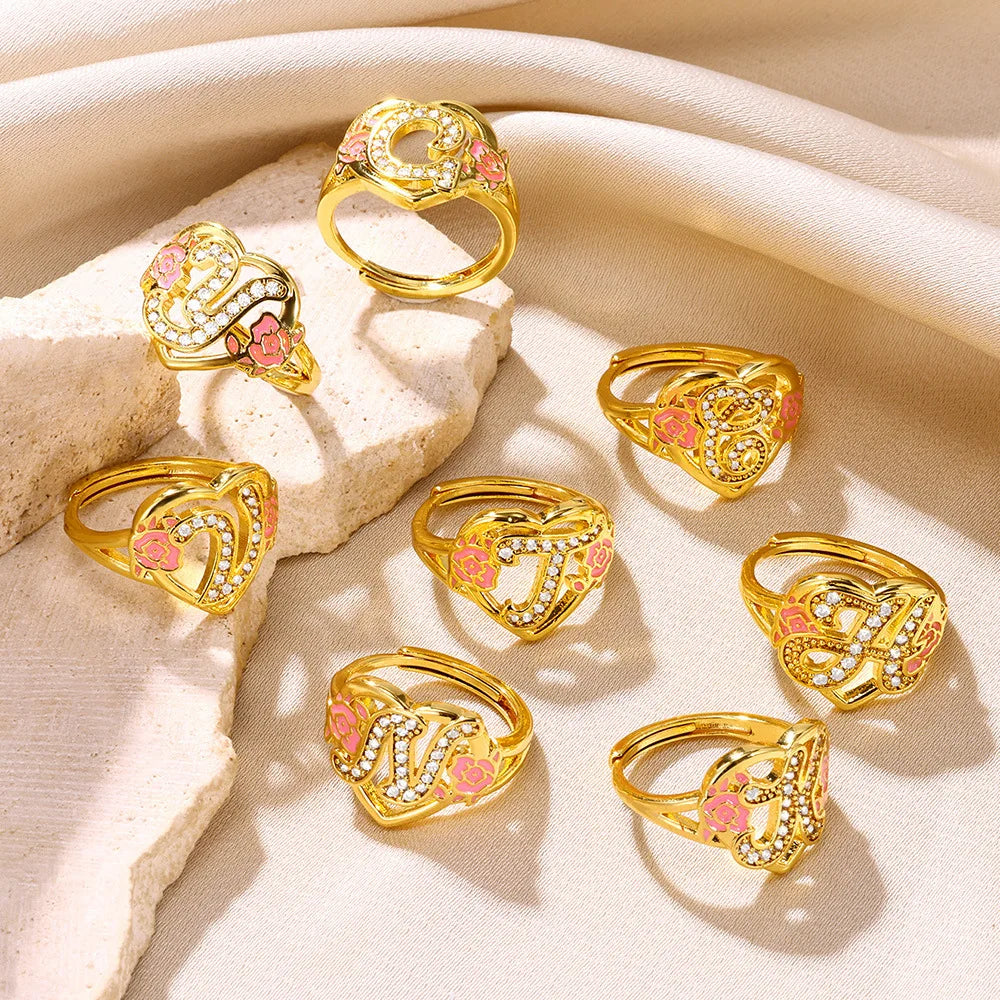 Dropped Oil Color Initial Letter Ring A-Z Open brass Zircon Stone Women's Adjustable Ring