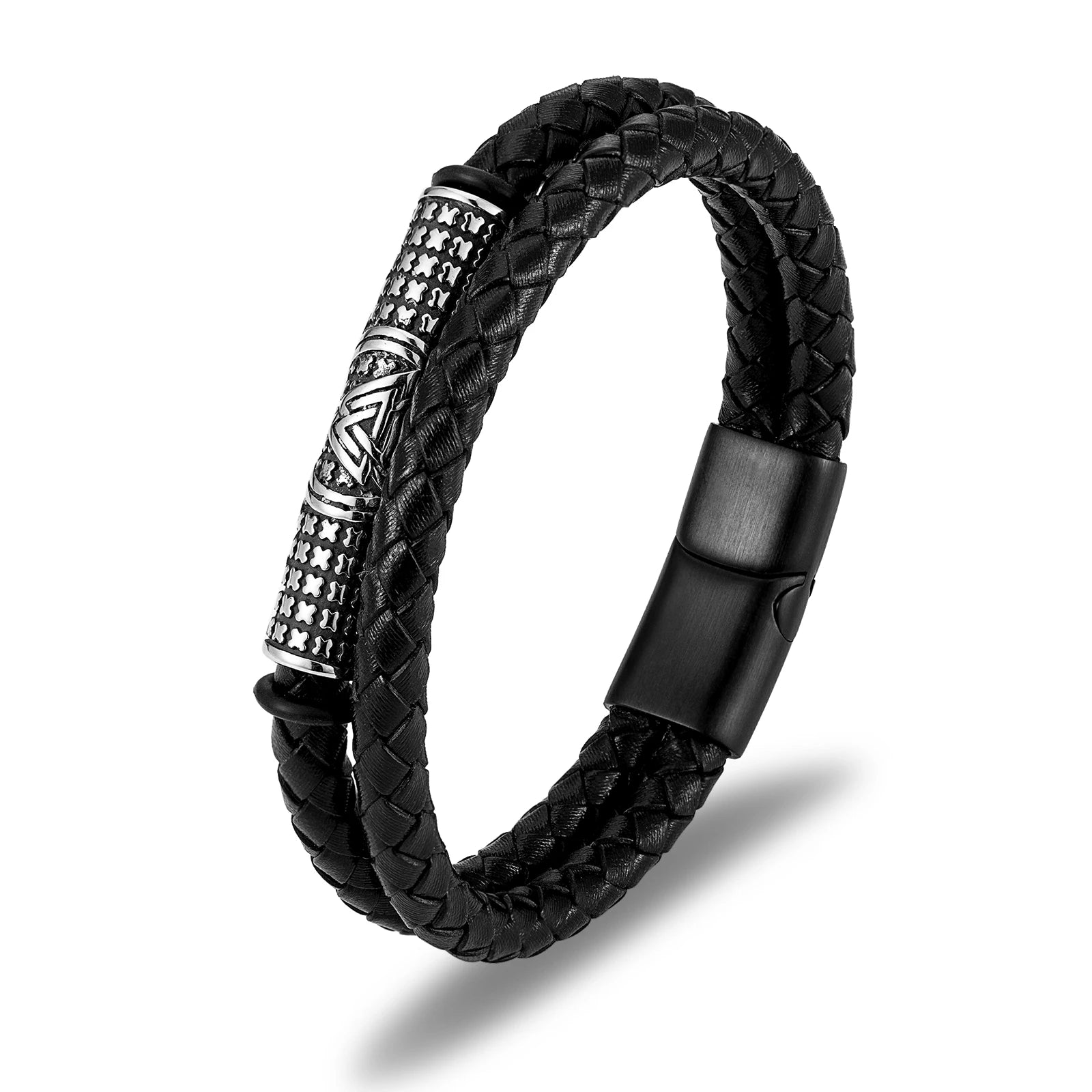 Handmade Jewelry Custom Man Genuine Leather Bracelet Silver Viking Stainless Steel Leather Bracelet for Men