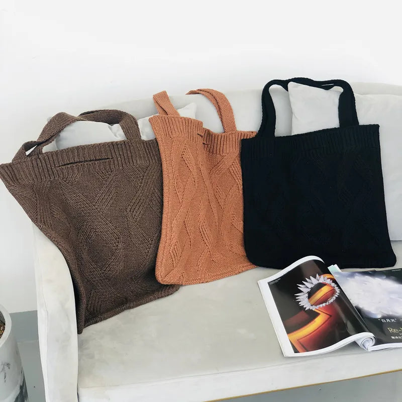 2025 New Style Small Crochet Knit Tote Wrist Bag Portable Knot Sleeve Handle Bag Cute Wristlet Pouch Purse for Women MegaBDM