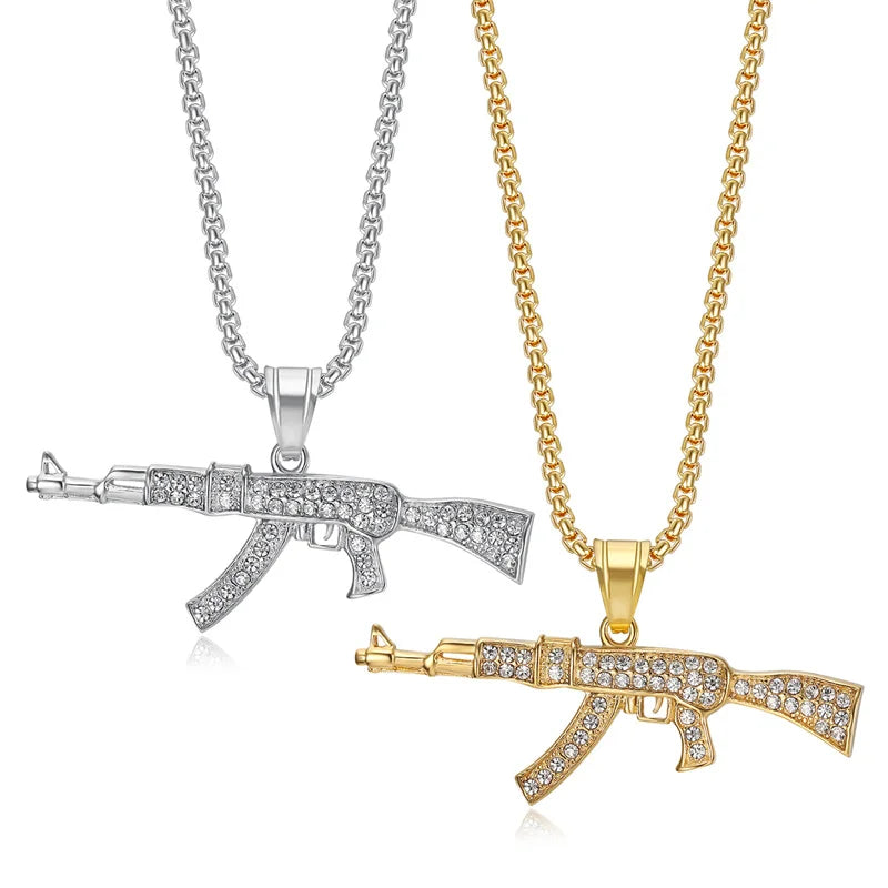 Personalized Rock Jewelry Stainless Steel Submachine Gun Pendant Necklace Fashion HIP HOP Ak-47 Clavicle Chain for Men Gift