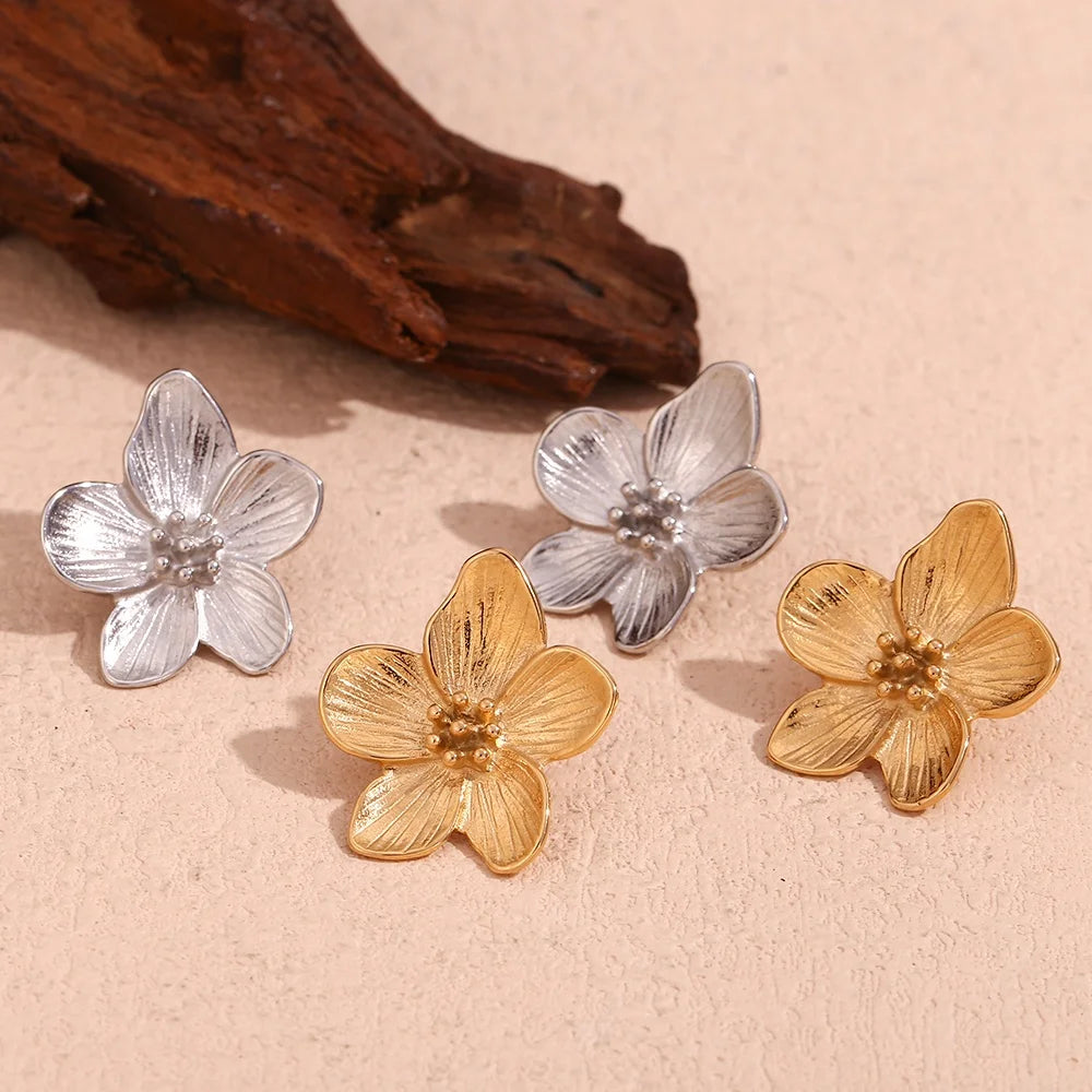 Dreamshow Dainty Engraved Flower Earrings 18k Gold Plated Earrings Wholesale Bulk Stainless Steel Jewelry