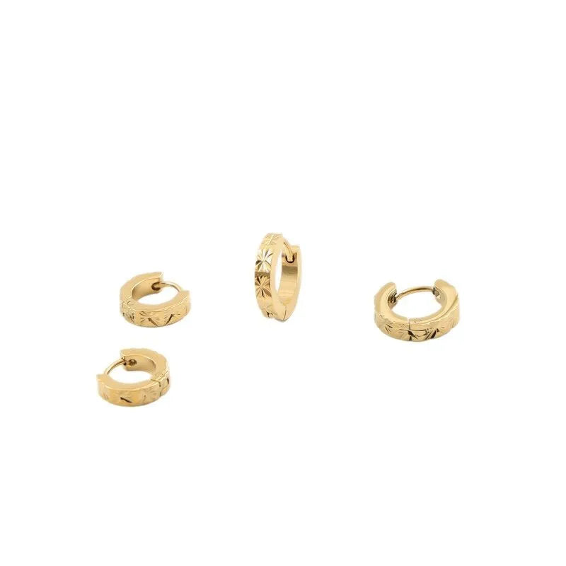 Women's Non-Tarnish Stainless Steel 18k Gold Plated Vintage Star Burst Carved Pattern Huggie Hoop Earrings-Gift Made China