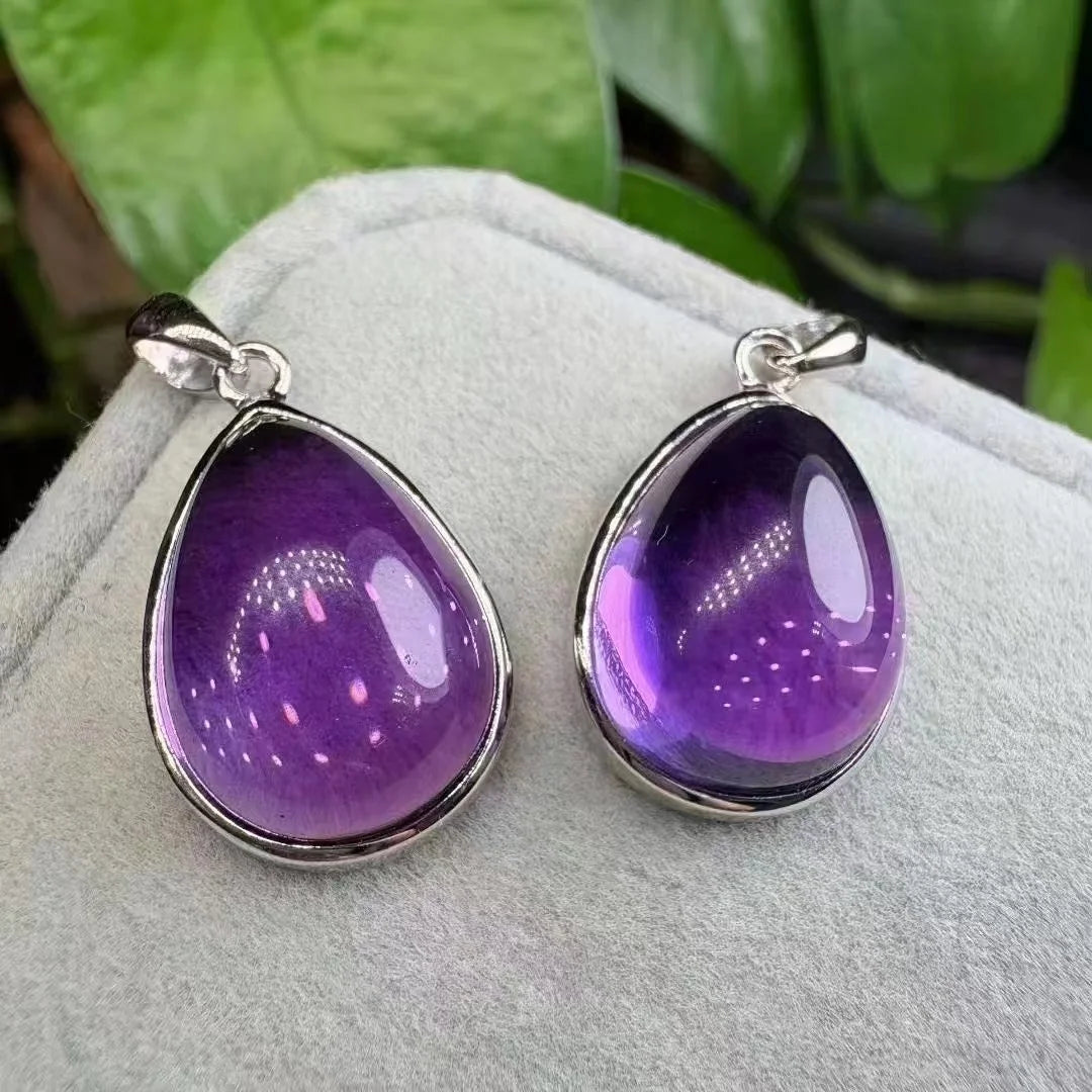 Handmade 925 Sterling Silver Crystal Healing Stone Natural Amethyst Water Drop Pendant for Relieving Negative Emotions