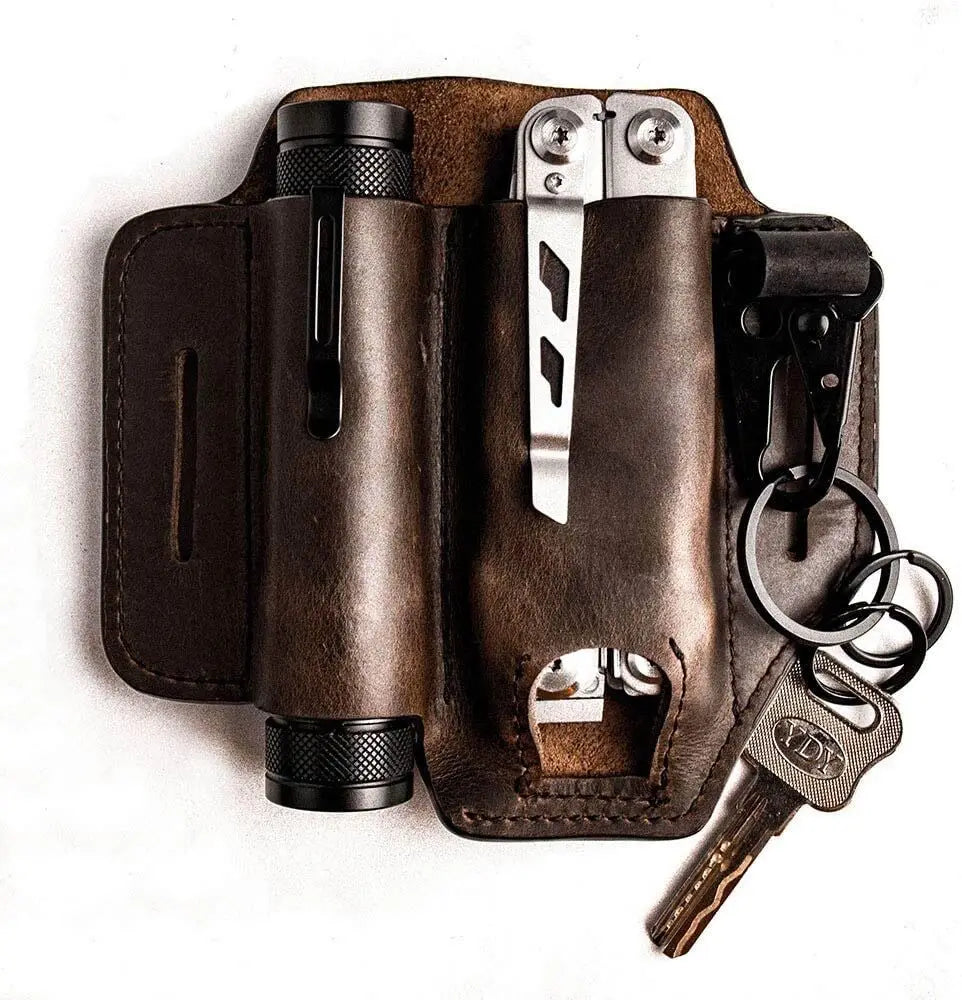Genuine Leather Men Waist EDC Tool Bags Knife Belt Flashlight Holster Sheath for Outdoor Defense