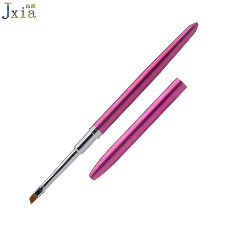 Rose Pink Metal Handle  Nylon Hair Manicure UV Gel Painting Angled Nail Brushes