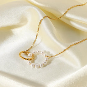 Ins Popular Gold Plated Stainless Steel Double Circle Pendant Necklace Waterproof Beaded Imitations Pearls Chokers Necklaces