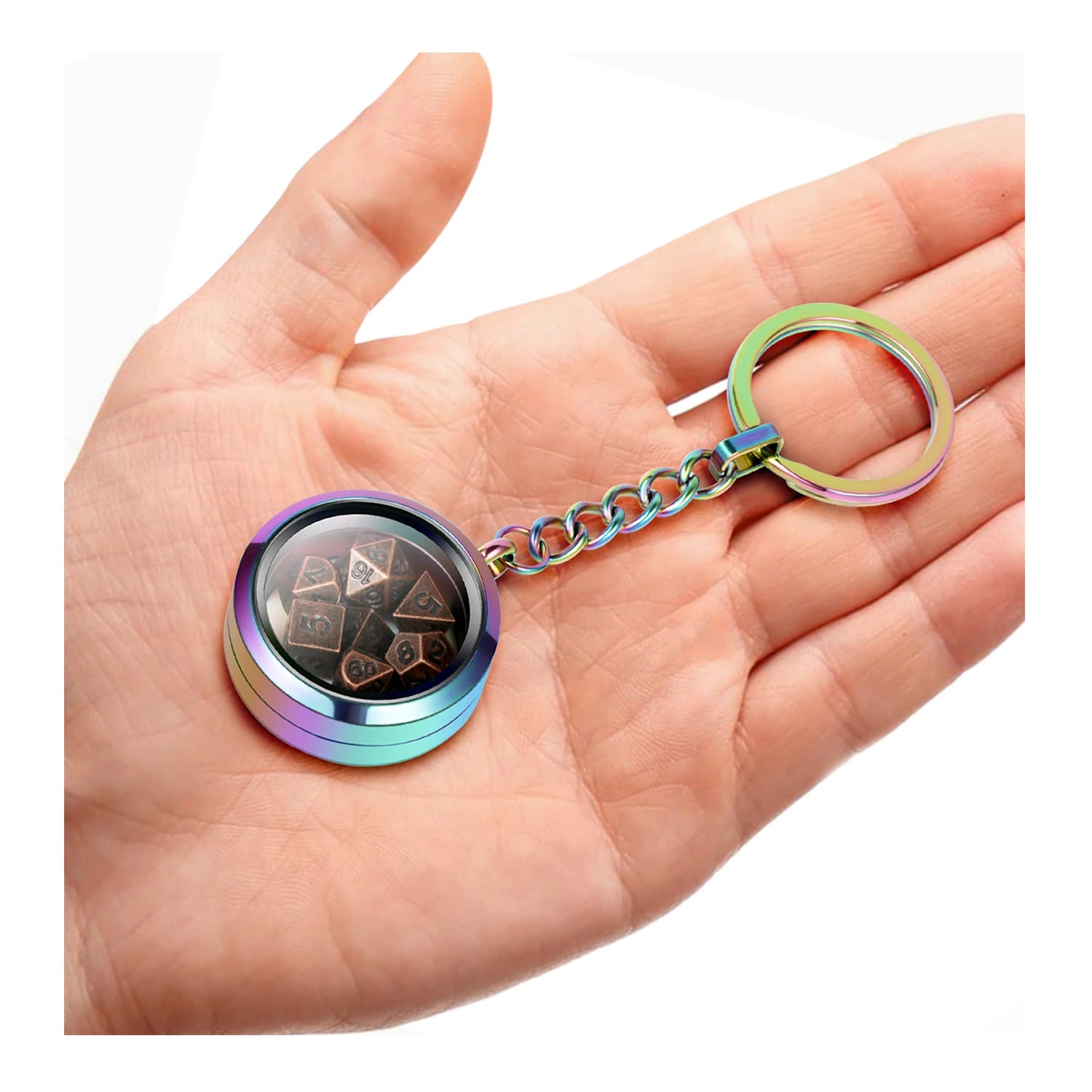 16mm Rainbow Zinc Alloy Mini D&D Dice Set with Keychain Polyhedral Dice for Dungeons & Dragons