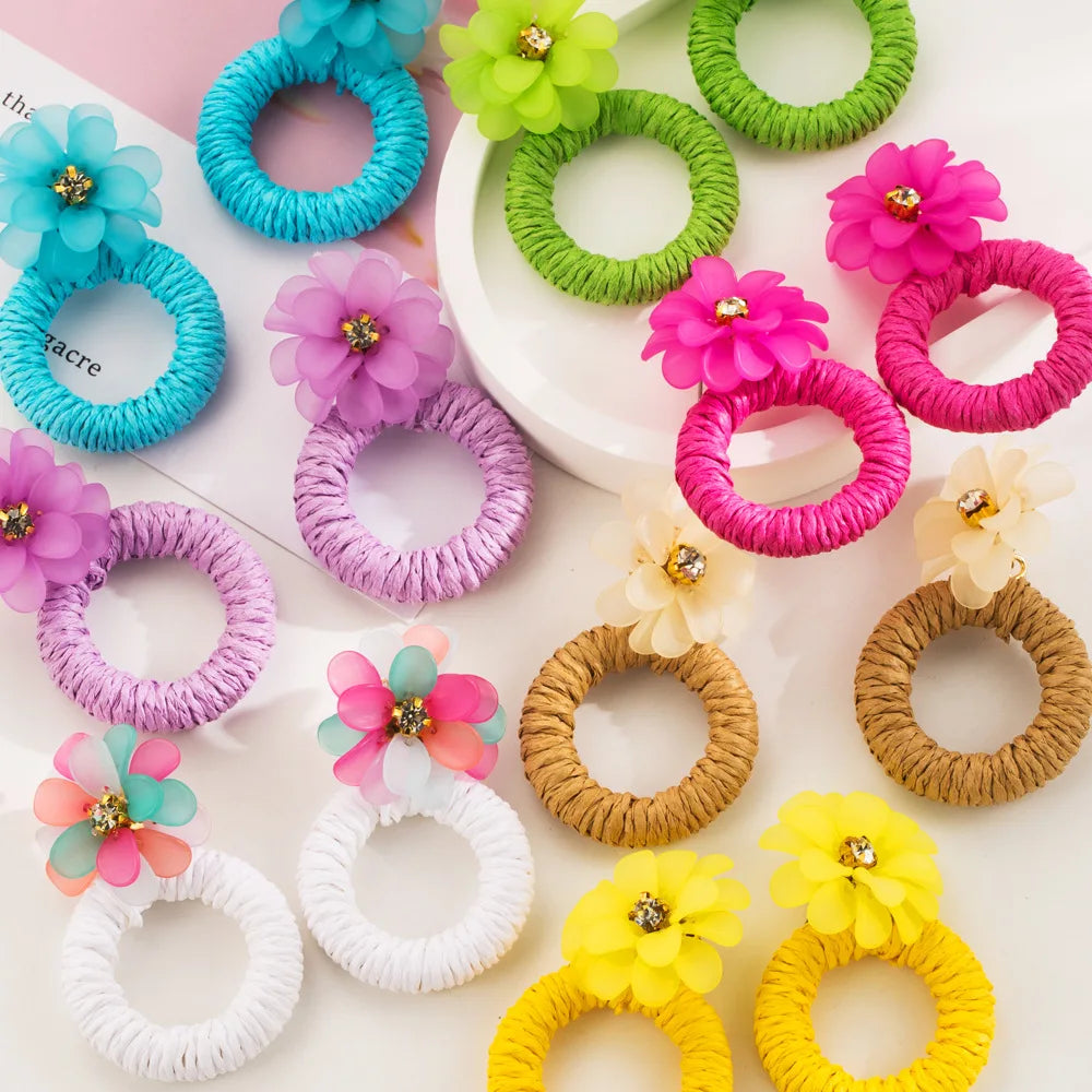 YL Newest Women Boho Braided Earrings Girls Jewelry Wholesale Fashion Handmade Raffia Hoop Drop Flower Earrings  for Women