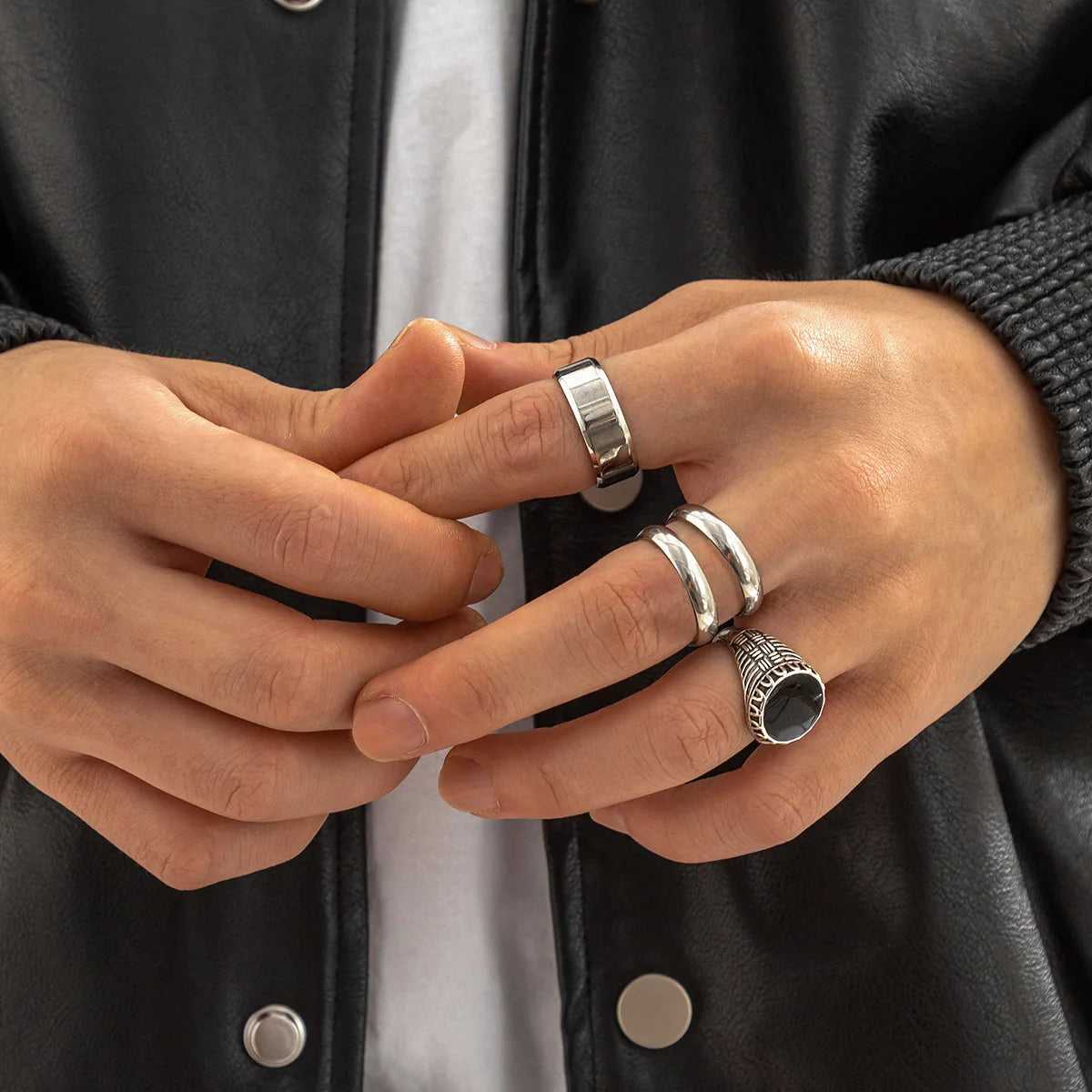 Fashion Trendy Custom Stainless Steel Oil Drip Finger Jewelry Geometry Ring Set for Men