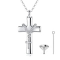 Cremation Jewelry 925 Sterling Silver Rhodium Plated Cubic Zircon Double Cross Urn Necklace