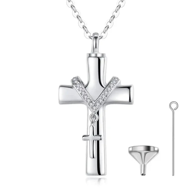 Cremation Jewelry 925 Sterling Silver Rhodium Plated Cubic Zircon Double Cross Urn Necklace