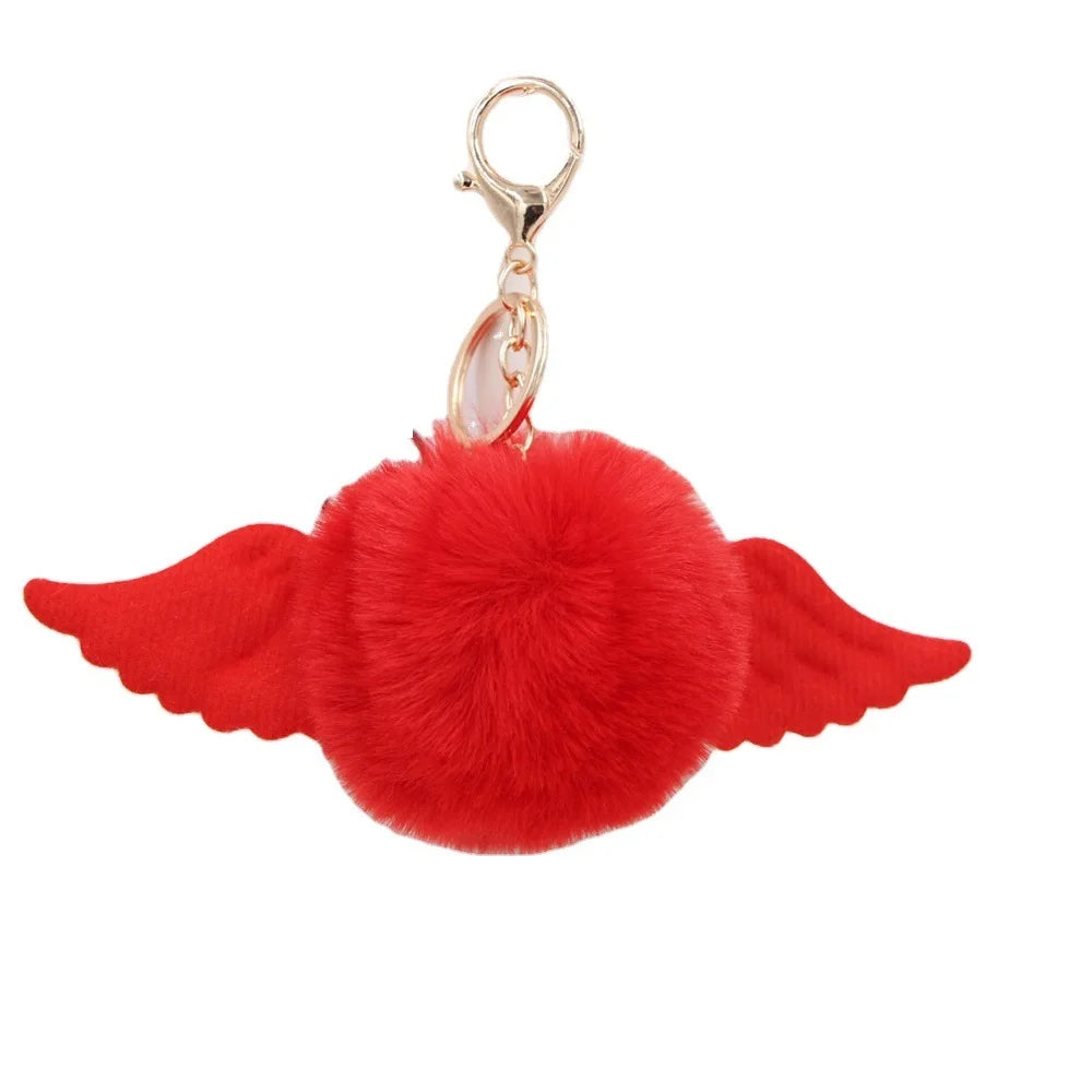 Girls Gift Cute Angel Wing Pom Pom Keychain Fluffy Rabbit Fur Ball Key Chains Pompon Key Rings Charm Pendant Wing Plush Keychain