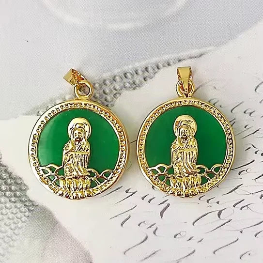 Wholesale Chinese Jade Gold Bezel Natural Green Jade Buddha Guanyin Pendant Real Stone Quartz Necklace Charm Buddhist Jewelry