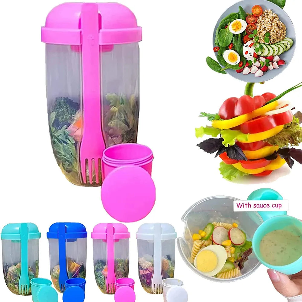 Eco-Friendly PP Plastic Salad Meal Shaker Cup with Fork and Dressing Holder for Picnic and Kitchen Use