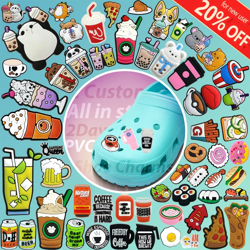 2025 Wholesale Supplier Popular Vendor 2D Pvc Custom Logo Shoe Accessories Coffee Drink Food Snack Shoe Charms Buckle Clip