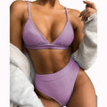 Hot Sale Sexy V Neck Plain Rib Bikini Swimwear Women 2 Piece Bathing Suit Women Split Solid High Waist Swimsuit