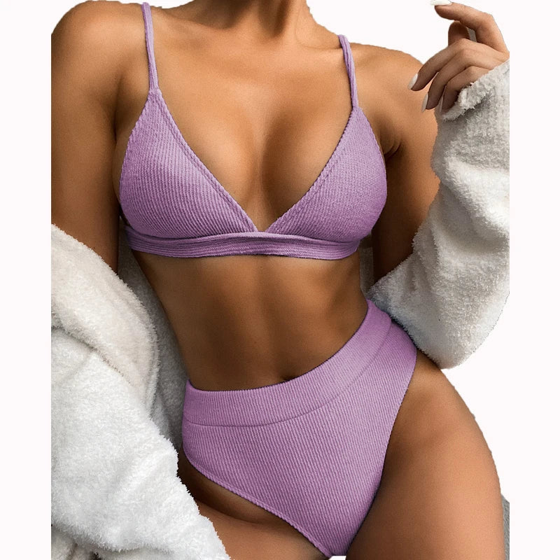 Hot Sale Sexy V Neck Plain Rib Bikini Swimwear Women 2 Piece Bathing Suit Women Split Solid High Waist Swimsuit