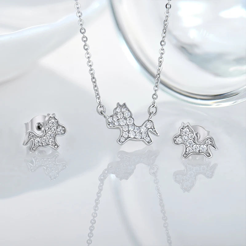 Wholesale Women's Customized Cute Animal Jewelry Sets Rhodium Plated 925 Sterling Silver CZ Full Iced Out Horse Jewelry