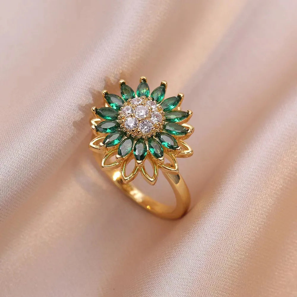 Valentine Gift Floral Design Adjustable Open Finger Bands 18K Gold PVD Colorful Zircon Rose Camellia Daisy Flower Cluster Rings