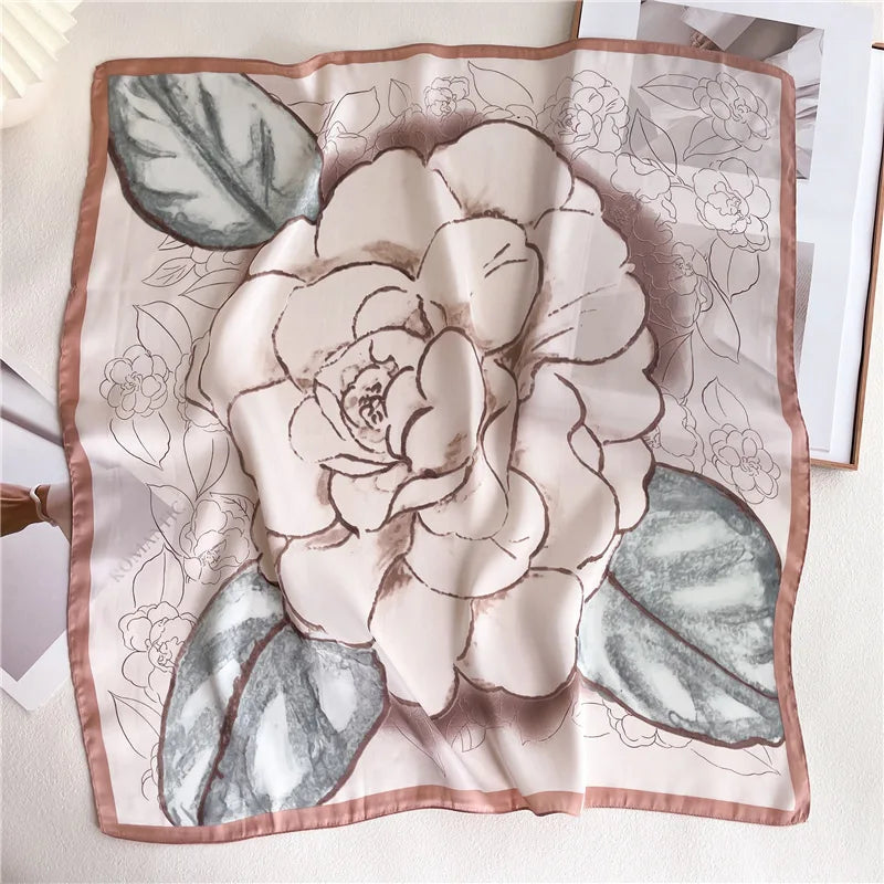Zifeng OEM Foulards Polyester Fashion Camellia 70cm Square Print Satin Silk Scarf