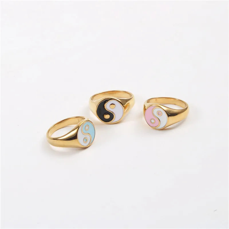 New Fashion 18K Gold Plated Stainless Steel Rings Colorful Enamel Yingyang Pattern Finger Rings for Women
