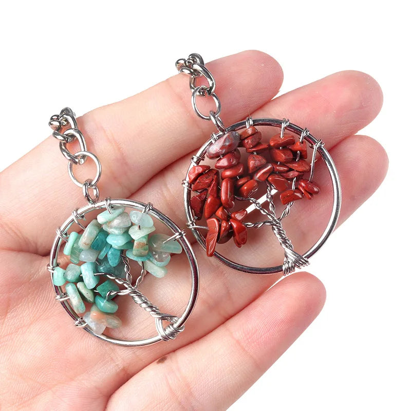 Crystals Healing Gemstone Accessories Natur Colorful 7 Chakra Mixed Quartz Crystal Tree of Life Key Chains for Gift