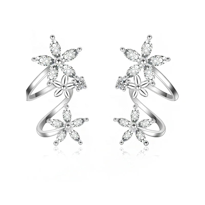 Korean Style Silver Plated Curved Flower Ear Clip Zircon Earrings for Women Jewelry Wholesale