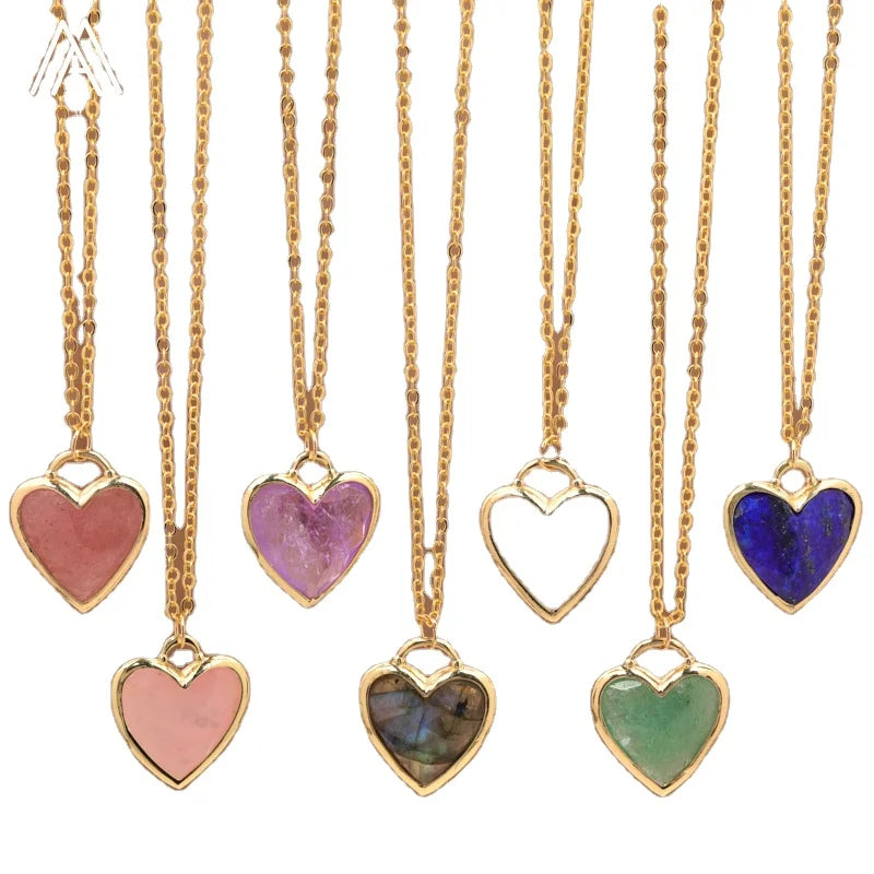Small Heart Stone Pendant Necklace Healing Crystals Faceted Charm Necklaces Wholesale Jewelry