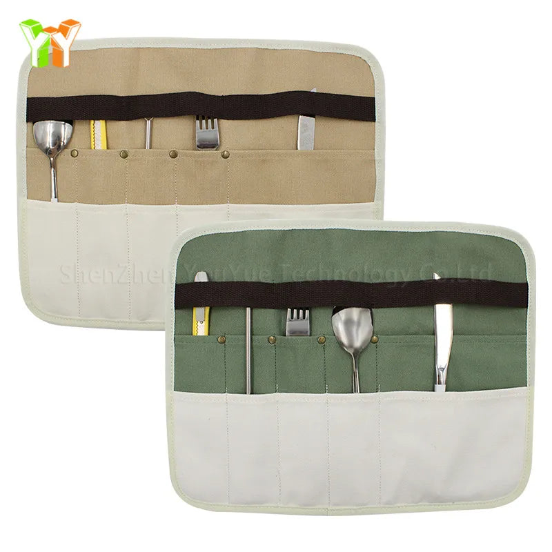 Camping Roll up Cutlery Bag Storage Pouch Hanging  Canvas Tableware Spoon Fork Organizer