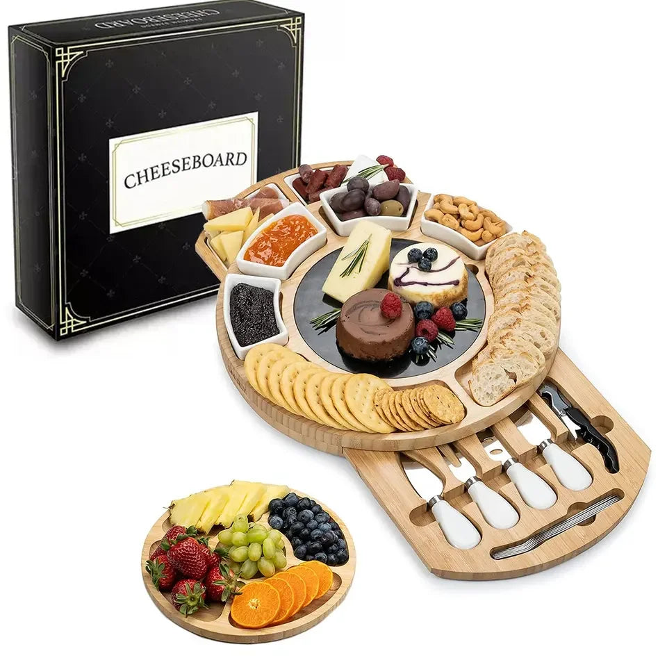 Bamboo Cheese Board Charcuterie Board Kitchen With Drawers Serving Bambus Platter Delicatessen Schneidebrett Cutlery Knife Set
