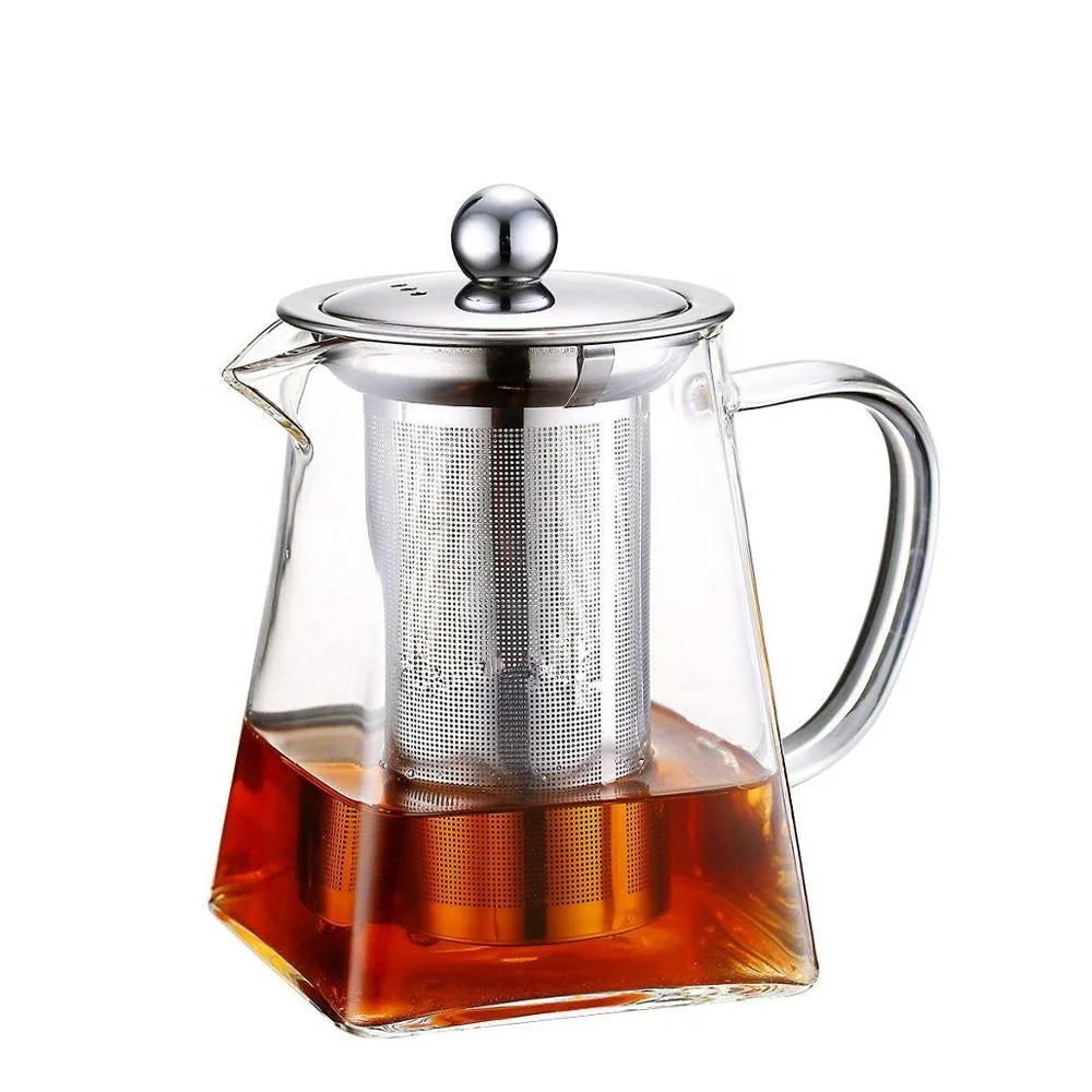 Handmade Clear Borosilicate Glass Square Tea Pot Removable Infuser Strainer Custom Logo Classic Style 1000ml/1800ml Capacity